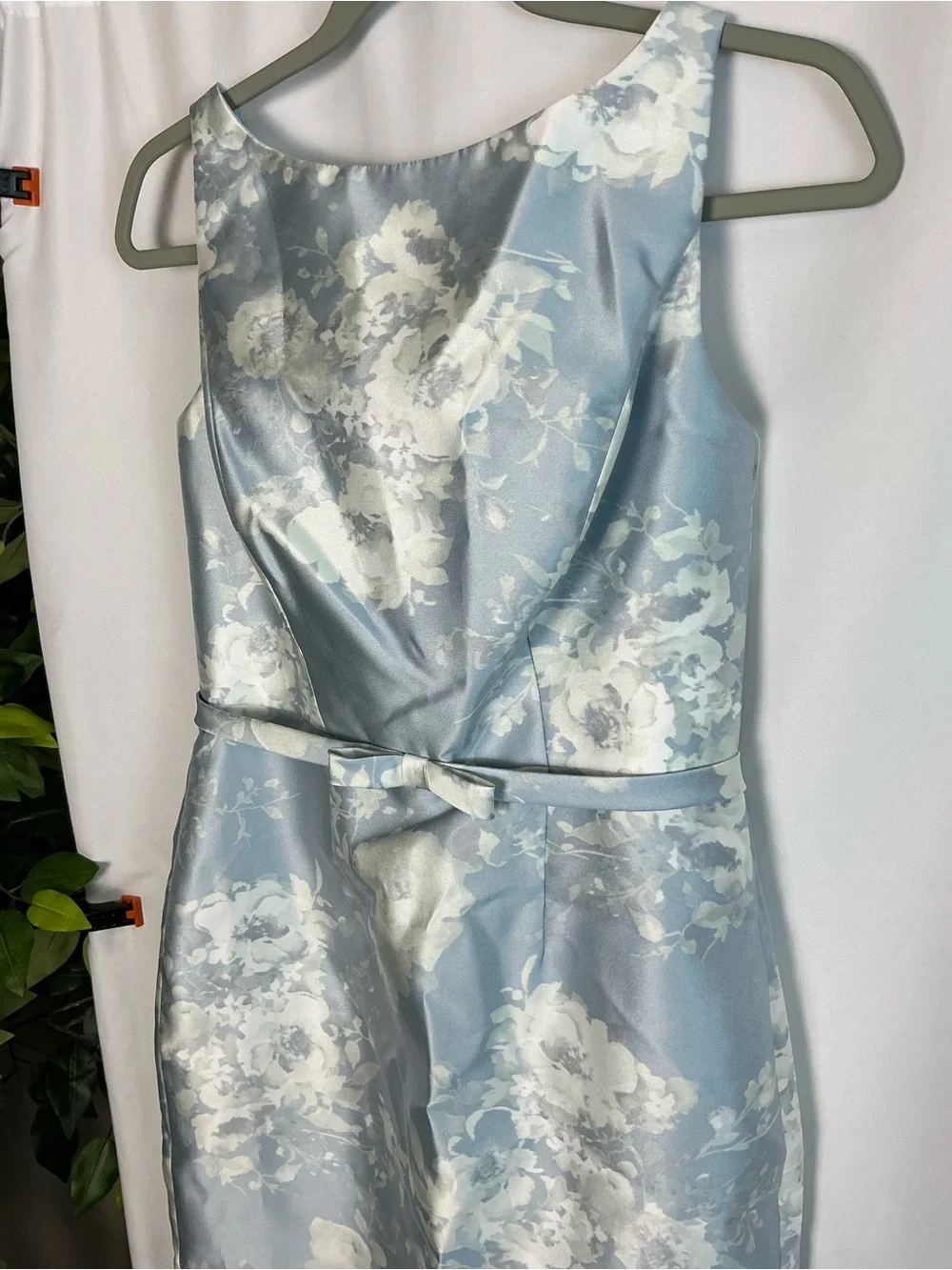 ALFRED SUNG Porcelain Blue Floral Satin Bateau Neck Maxi Dress - Picture 3 of 5